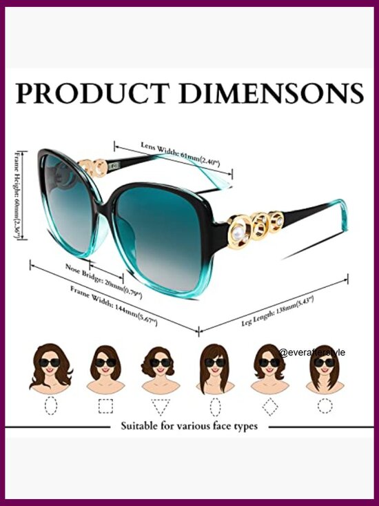 Oversized Square Frame Sunglasses with Pearl Sparkling Polarized UV Protection